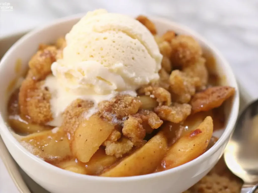 Warm apple cobbler topped with a scoop of vanilla ice cream in a white bowl.
