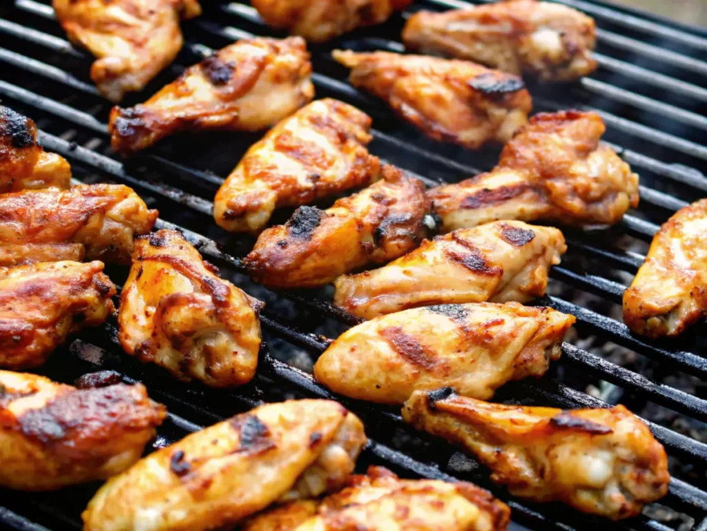 Grilled chicken wings cooking on a barbecue grill