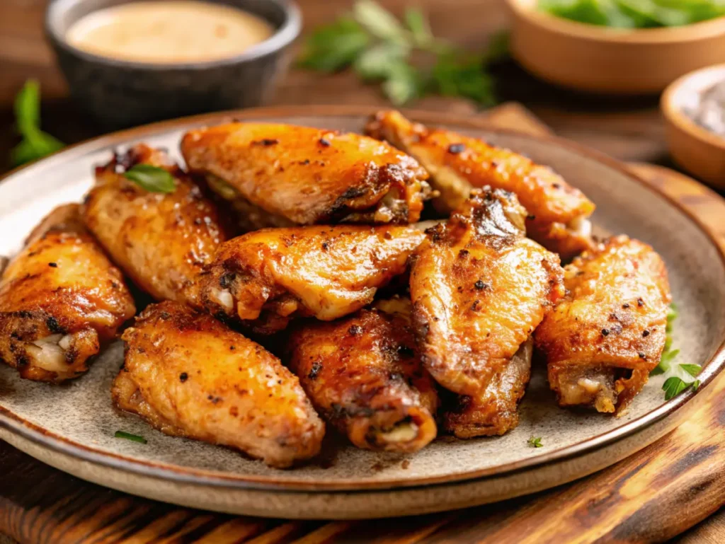 Crispy baked chicken wings served on a ceramic plate with dipping sauce