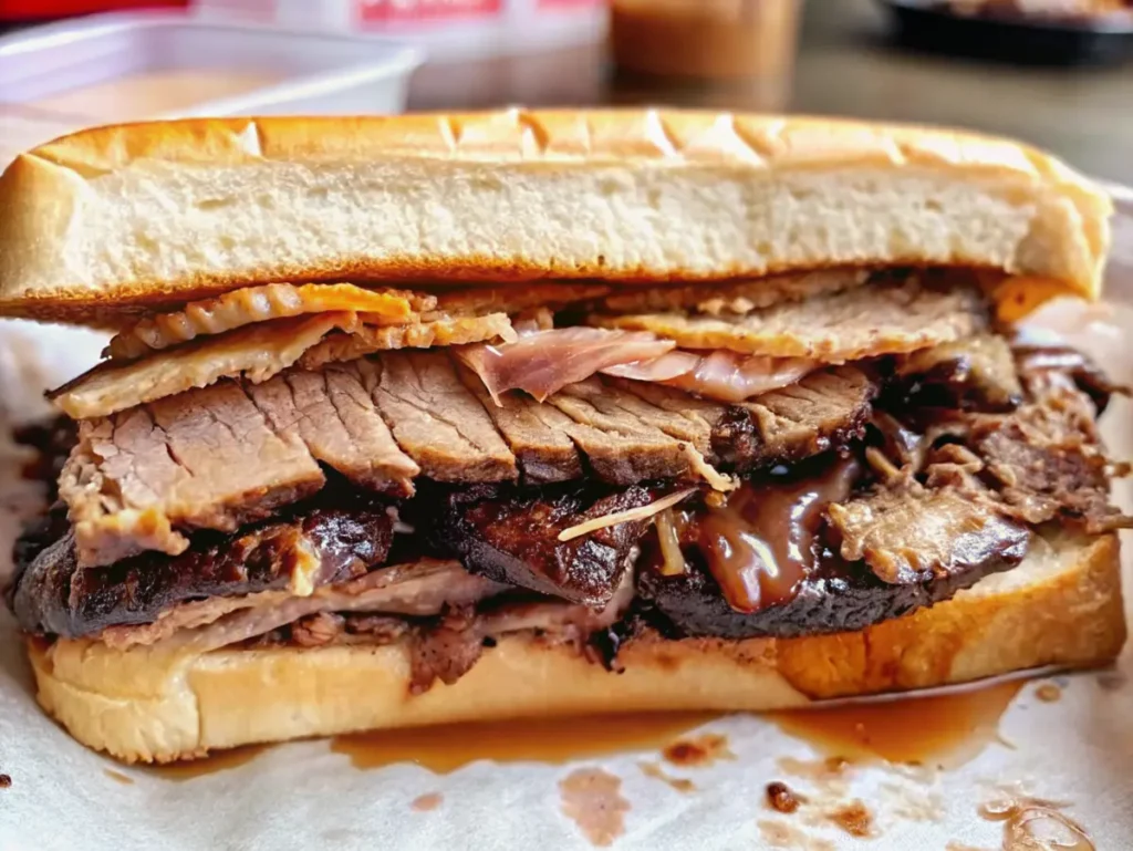 Juicy brisket sandwich with sliced smoked beef and barbecue sauce on a hoagie roll