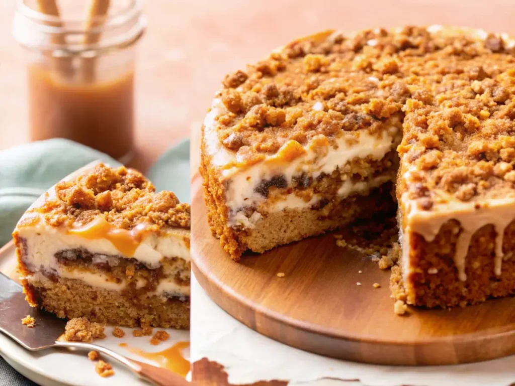 Slice of apple crumble cheesecake with caramel drizzle on a plate next to a whole cheesecake on a wooden board