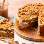 Slice of apple crumble cheesecake with caramel drizzle on a plate next to a whole cheesecake on a wooden board