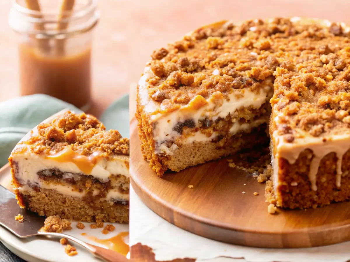 Slice of apple crumble cheesecake with caramel drizzle on a plate next to a whole cheesecake on a wooden board