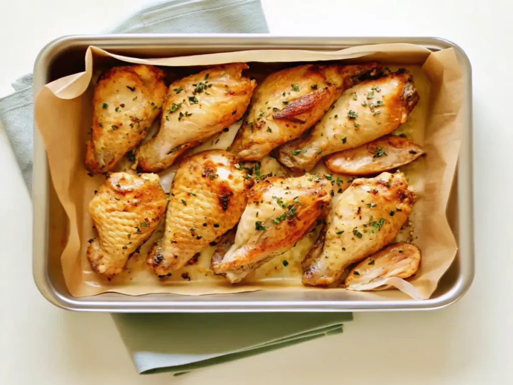 Baked chicken drumsticks garnished with herbs in a parchment-lined baking tray