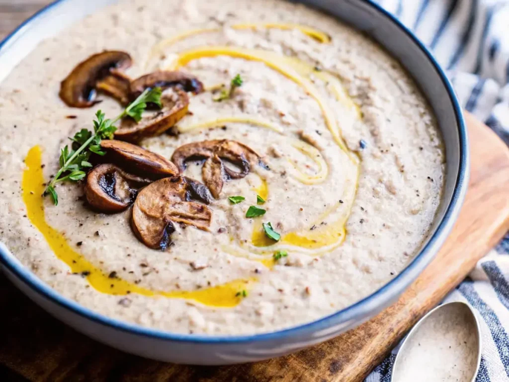 Creamy mushroom soup topped with sautéed mushrooms, fresh herbs, and a drizzle of olive oil