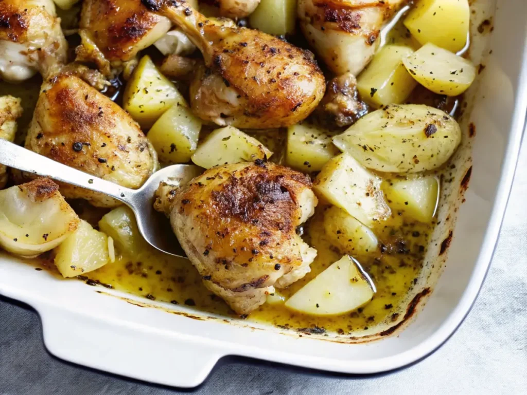 Oven-roasted Greek lemon chicken with golden potatoes and herbs in a white baking dish.