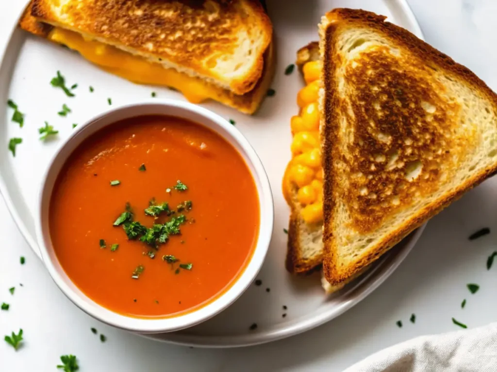 Grilled cheese sandwich served with tomato soup on a white background